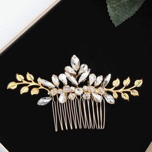 Bridal‎ Wedding Prom Gold Rhinestone Floral Leaf Pattern Hair Comb NWT